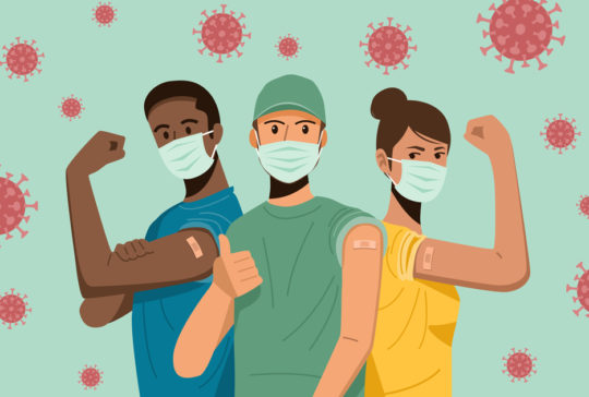 People showing their arms after receiving covid-19 vaccination - stock illustration