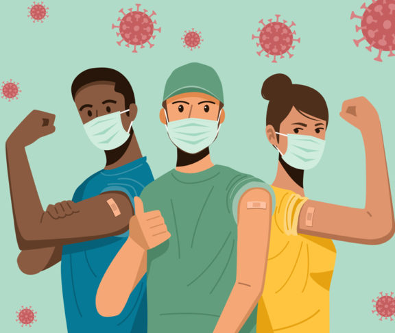 People showing their arms after receiving covid-19 vaccination - stock illustration