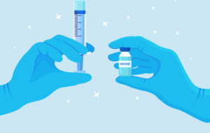 COVID-19 coronavirus vaccine. Doctor's hand in blue medical gloves hold medicine vaccine vial bottle and syringe