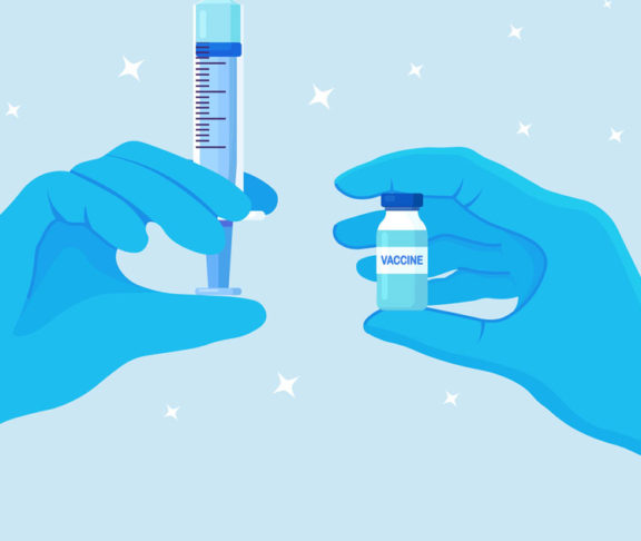 COVID-19 coronavirus vaccine. Doctor's hand in blue medical gloves hold medicine vaccine vial bottle and syringe
