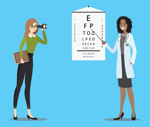 Illustration of woman performing an eye test