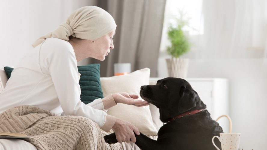 Woman with cancer patting dog