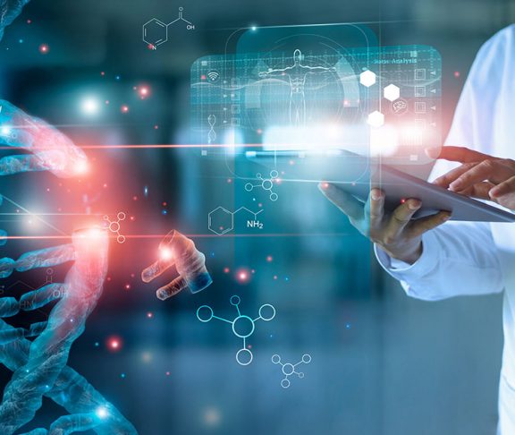 Abstract rendering of a doctor editing DNA on a tablet