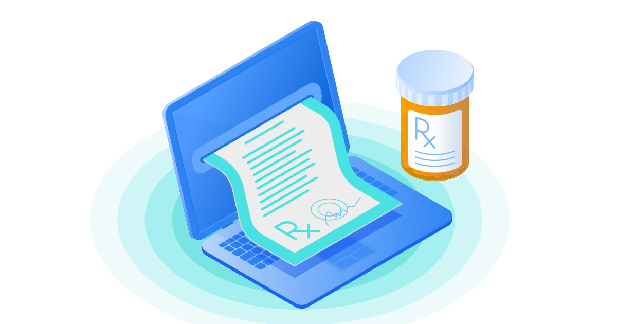 Illustration of a prescription coming out of a computer