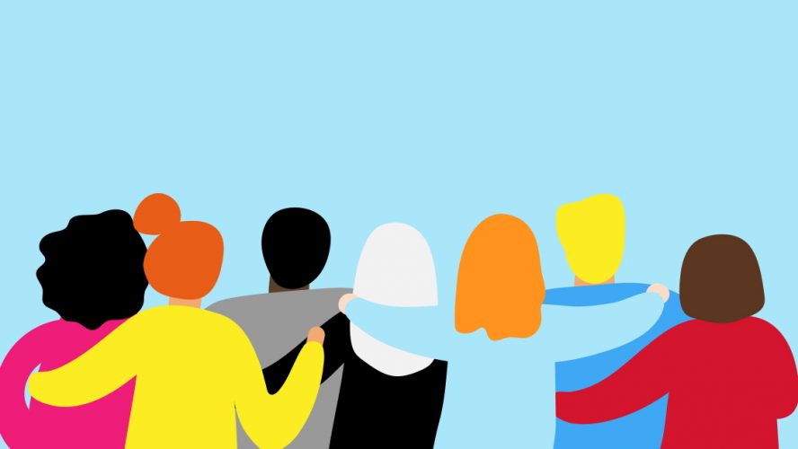 Simple illustrartion of the backs of a line of people with their arms around each other