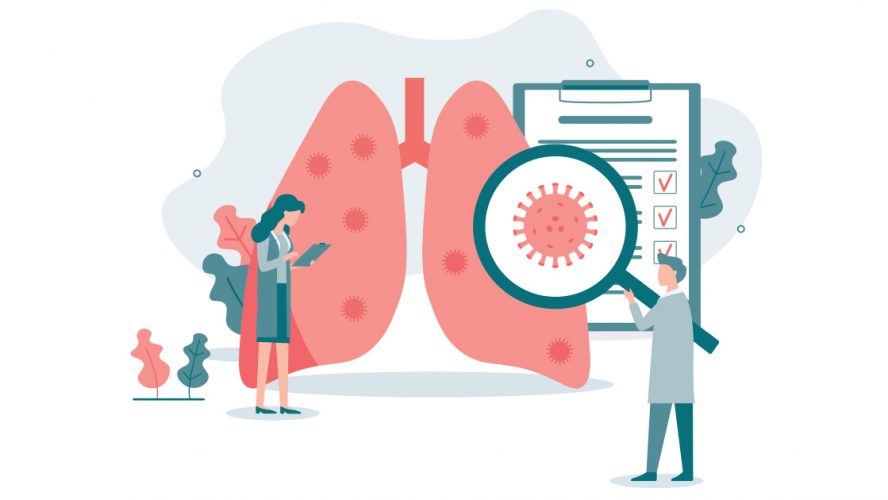 Illustrarion of two doctors inspecting a pair of lungs
