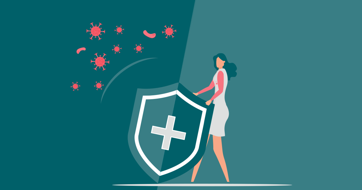 Illustration of woman holding up shield in front of virus particles