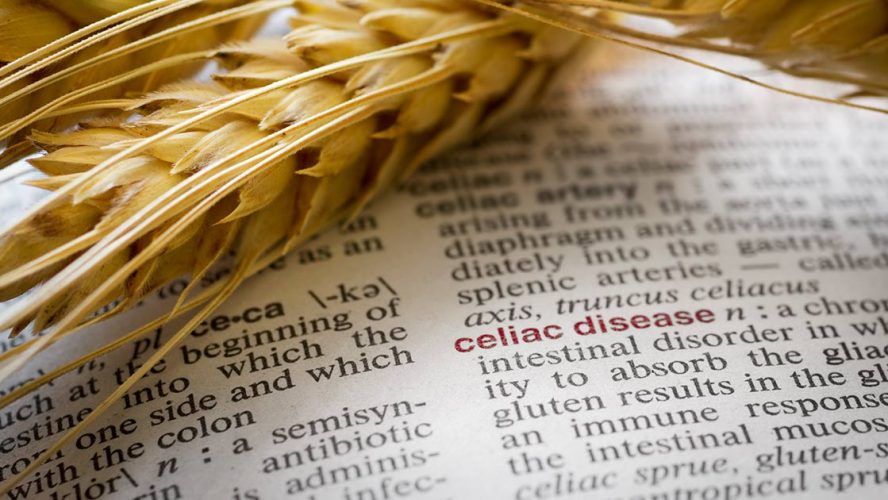 Wheat laid atop an open dictionary showing the definition of celiac disease