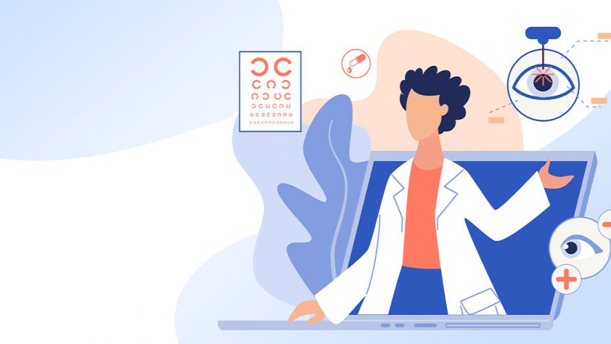 Drawing of an optometrist emerging from a laptop