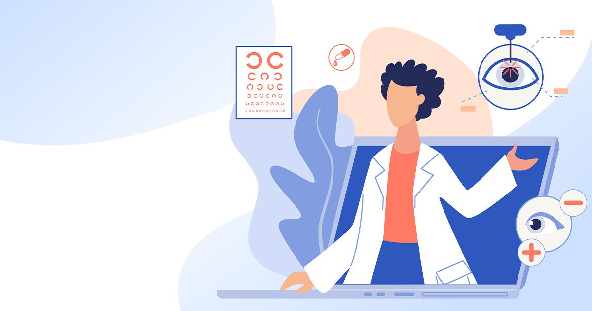 Drawing of an optometrist emerging from a laptop