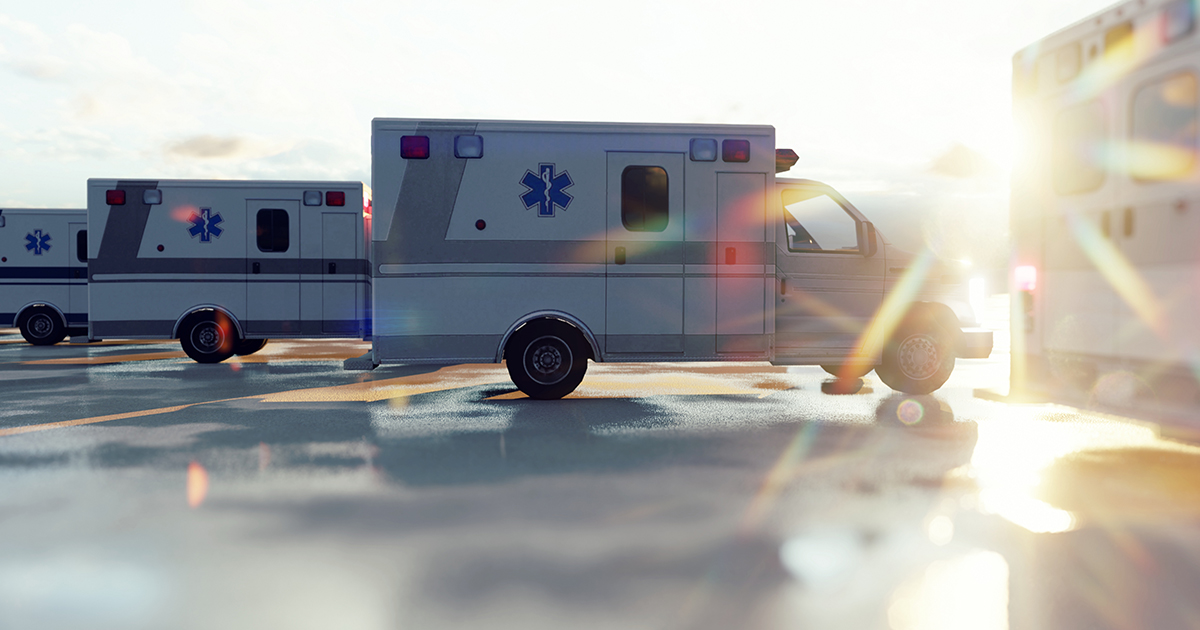 Ambulance trucks standing in line