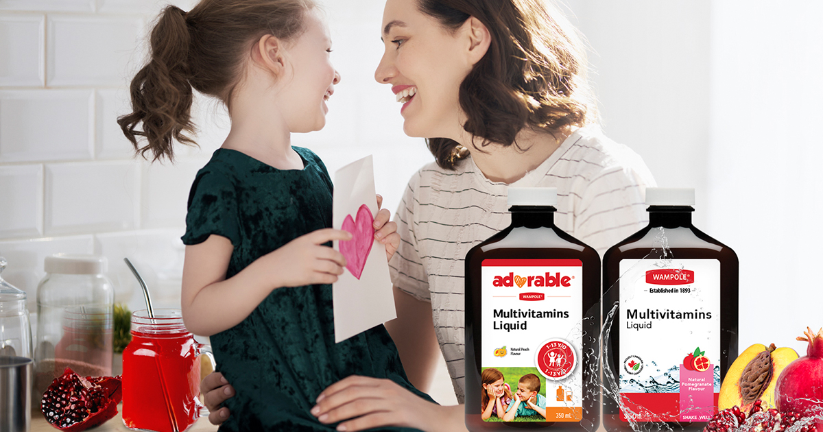 An ad for Wampole multivitamins liquid-A mother and a daughter laughing in the background