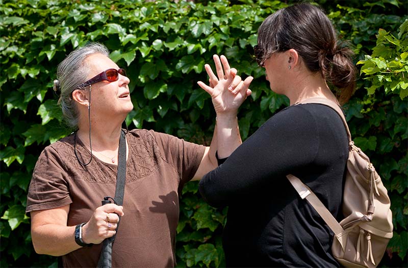 A DBCS client and intervenor stand outside on a sunny day. The two use tactile ASL to communicate. 