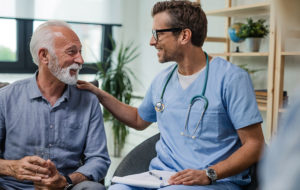 young doctor talking to old patient