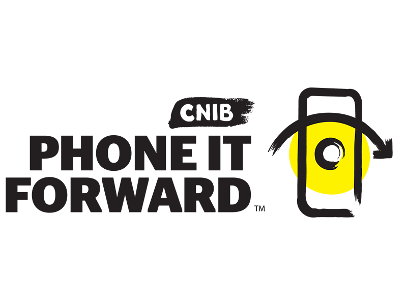 CNIB Phone it Forward. An illustration of a phone with an arrow depicting the phone has been repurposed.