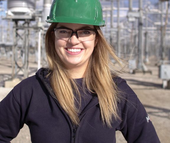 Tessa Leonard, Engineer-in-Training, at the Bruce A switchyard in Tiverton, ON.