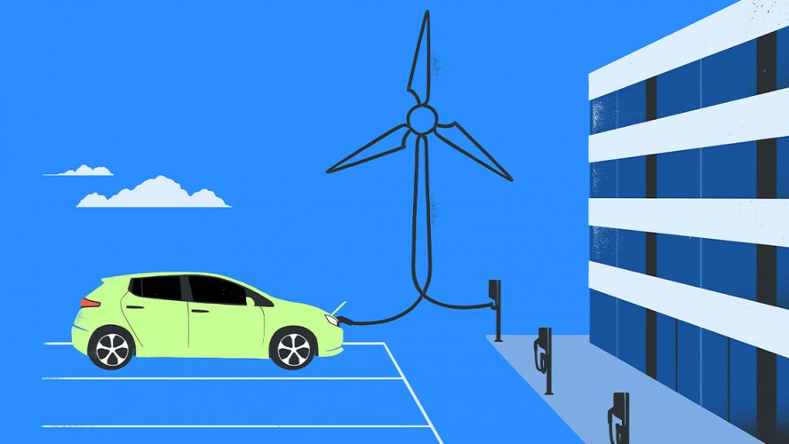 Illustration of an electric car hooked up to wind power