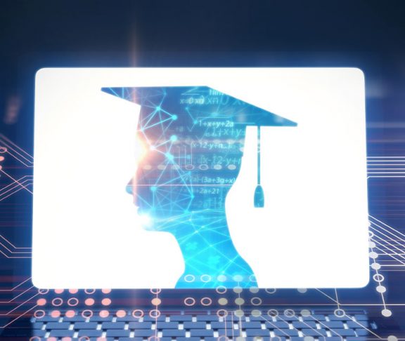 Person with a mortarboard overlaid on circuits