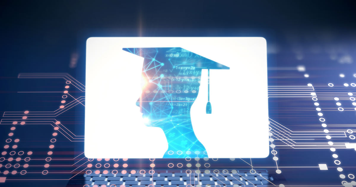 Person with a mortarboard overlaid on circuits