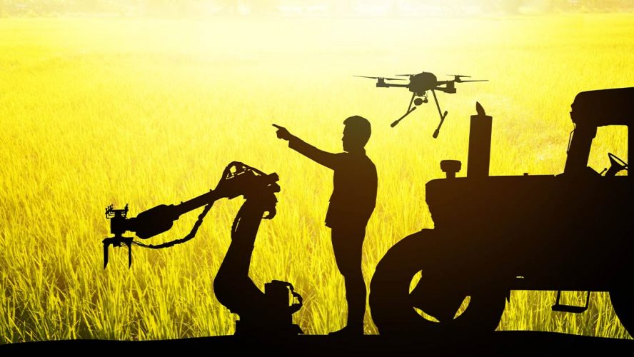 Silhouette of farmer and farming technologies