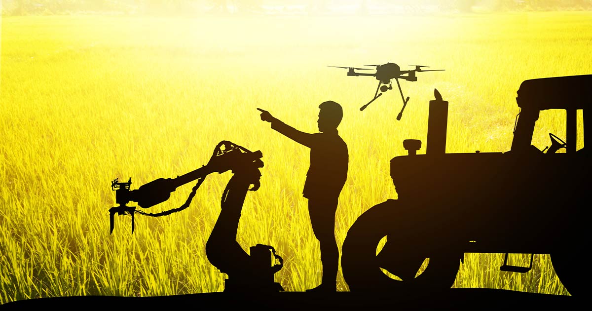 Silhouette of farmer and farming technologies