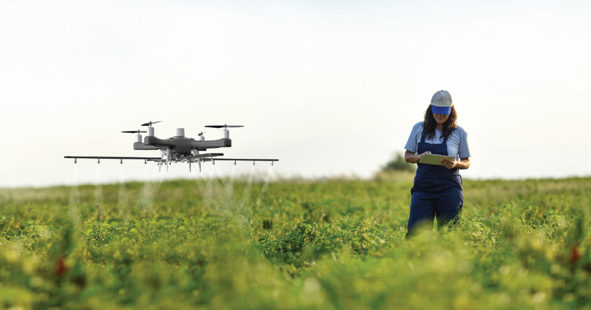 Farmer working in a field with a drone