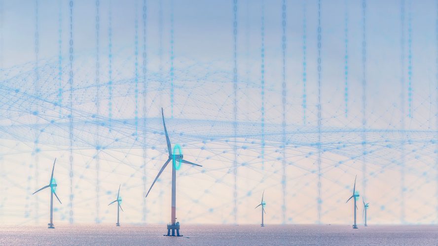 3D render of a network of wind turbines