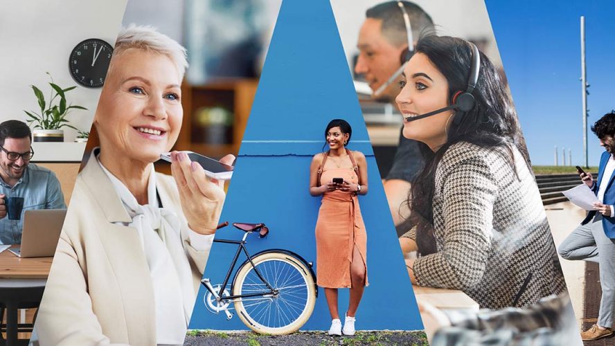 Avaya collage of five people using different technologies in their daily lives