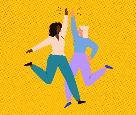 Illustration of two women jumping and high-fiving each other
