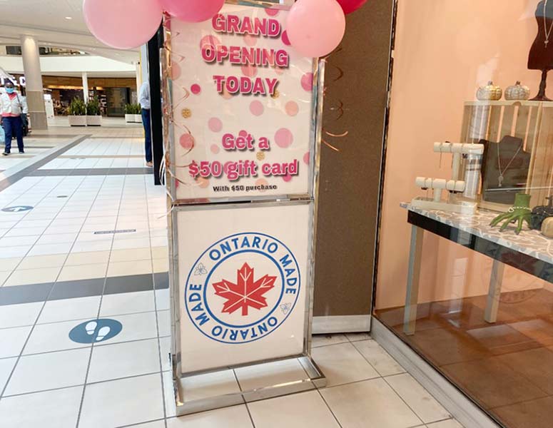 Ontario Made sign displayed in a shopping mall