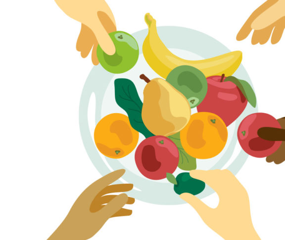 An illustration of hands picking up fruits in a bowl