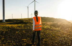 engineering company worker walks on wind farm