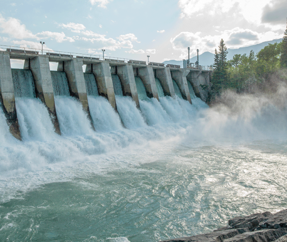Water rushes through hydroelectric dam