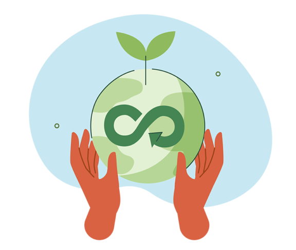 Characters hands holding planet earth, power saving lamp and other objects as metaphor for green industry, forest conservation and sustainability. Vector illustration.