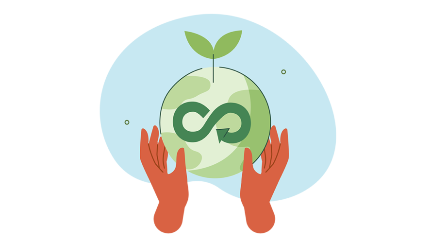 Characters hands holding planet earth, power saving lamp and other objects as metaphor for green industry, forest conservation and sustainability. Vector illustration.