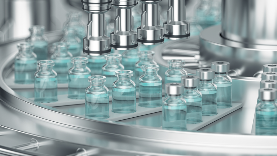 Pharmaceutical manufacture background with glass bottles with clear liquid on automatic conveyor line.