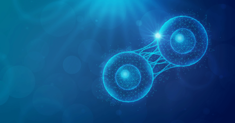 Cell Coding and Cell Reprogramming - An Engineered Cell Undergoes Division on Abstract Blue Background - Conceptual Illustration
