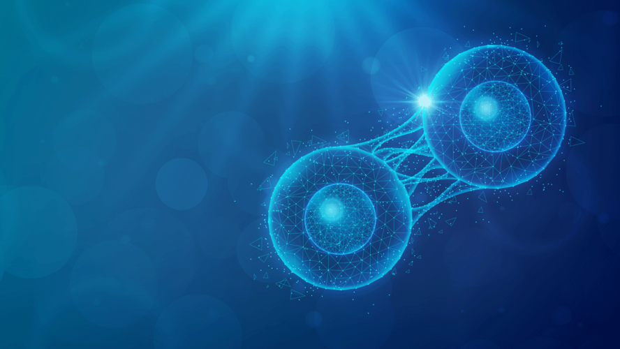 Cell Coding and Cell Reprogramming - An Engineered Cell Undergoes Division on Abstract Blue Background - Conceptual Illustration
