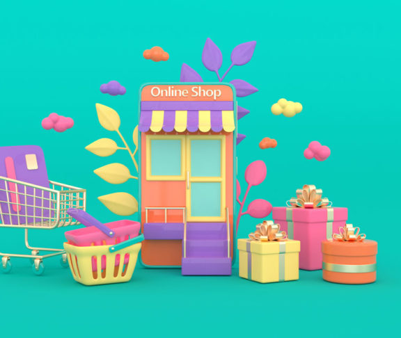Illustration of shopping cart, basket, present box, credit card, clouds, smartphone. Online shopping concept.