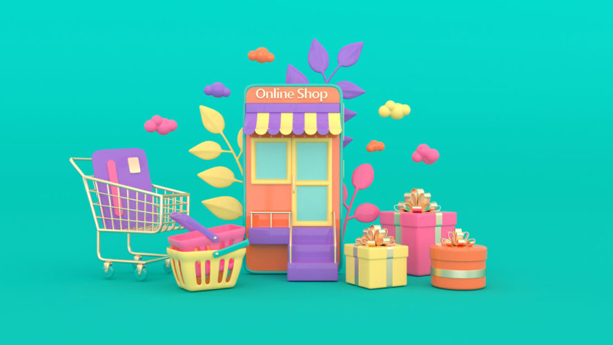 Illustration of shopping cart, basket, present box, credit card, clouds, smartphone. Online shopping concept.