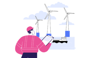 Offshore wind energy abstract concept vector illustration. Engineer looking at offshore wind turbine, ecology environment industry, sustainable technology, renewable energy abstract metaphor.