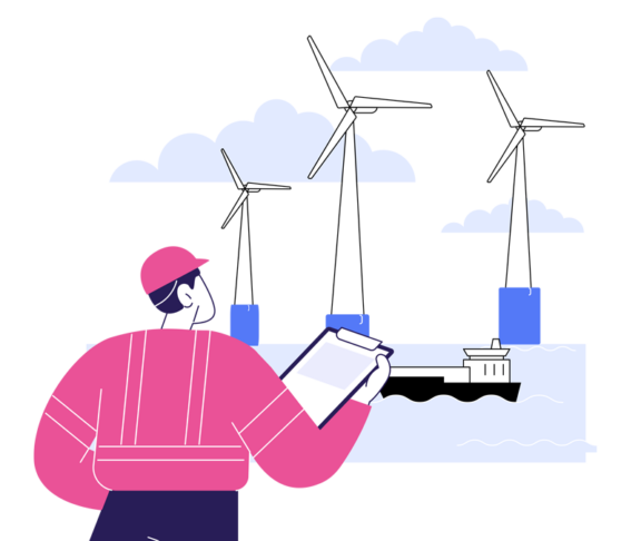 Offshore wind energy abstract concept vector illustration. Engineer looking at offshore wind turbine, ecology environment industry, sustainable technology, renewable energy abstract metaphor.
