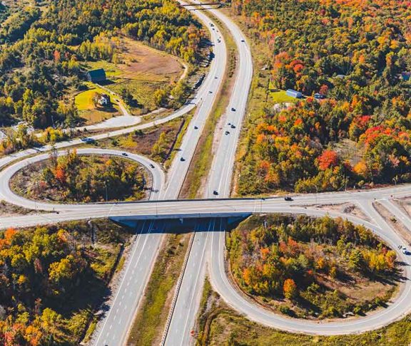 Aerial view of Ontario highway in the fall