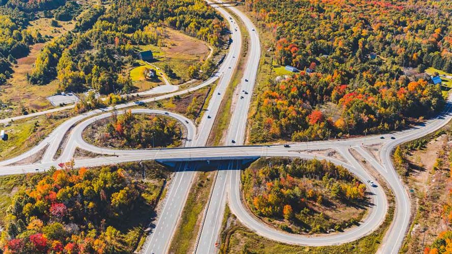 Aerial view of Ontario highway in the fall