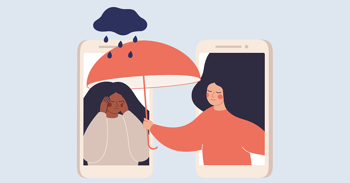Drawing of one person giving emotional support to another through a phone