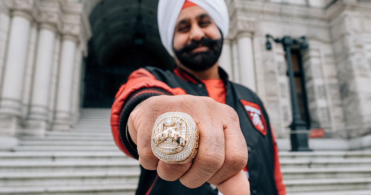 Nav Bhatia showing his Toronto Raptors We the North ring