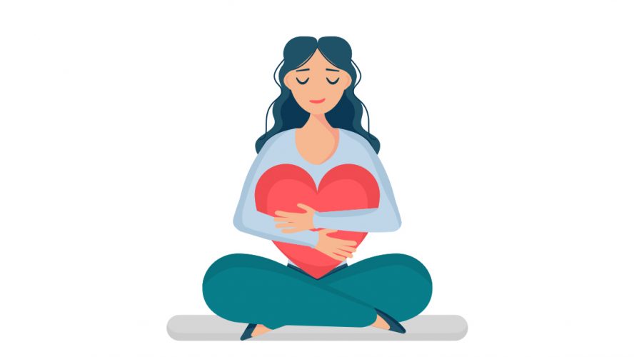 Drawing of a woman hugging a large cartoon heart