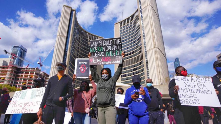 EndSARS protestors at a demonstration in Toronto's Nathan Philips Square