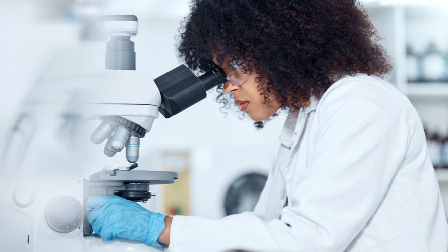 One mixed race scientist with curly hair wearing safety goggles and gloves analysing medical test samples on a microscope in a lab. Young woman doing forensic research and experiment to develop a cure