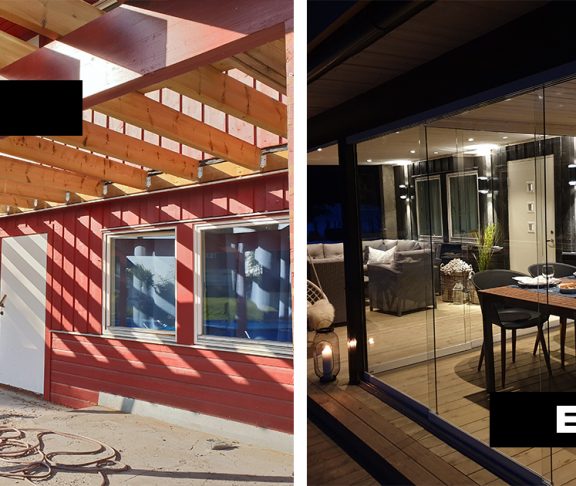 Før- og etterbilde av uteplass under veranda
